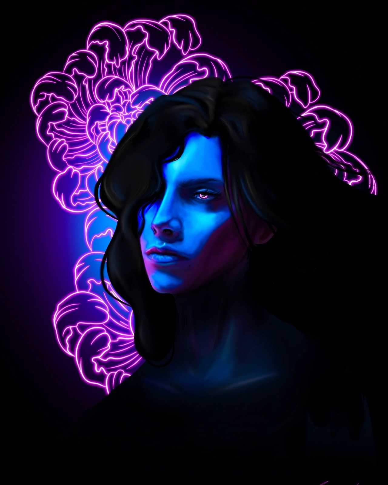 Digital Painting — Portrait mit neon-rosa Blütenwerk auf Schwarz